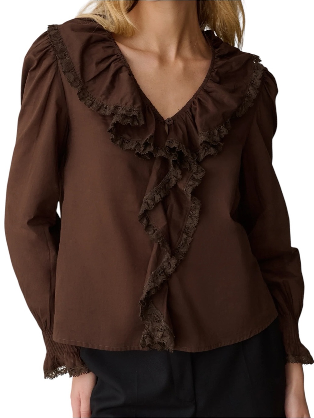 Sorella Few Moda Leda Cotton Top Coffee Brown Ruffle Trim Lace Cuffs NWT